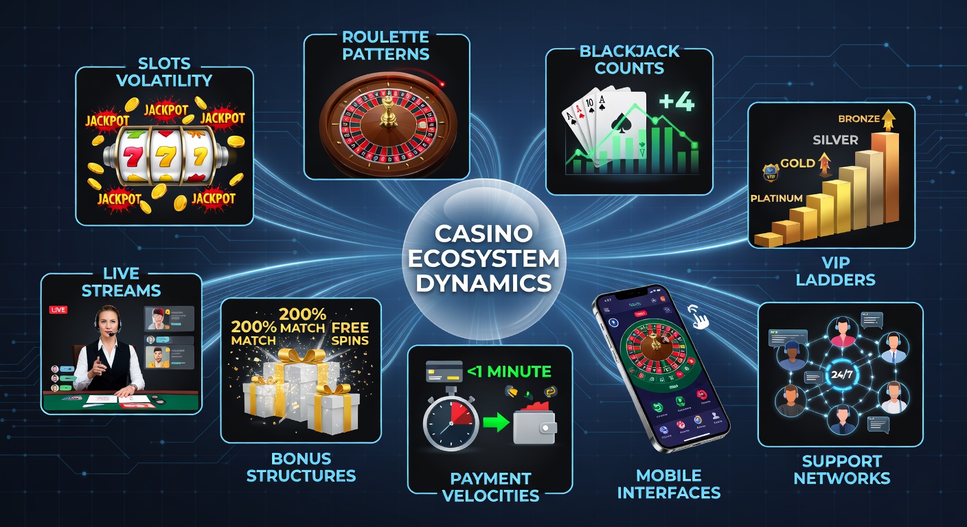 Dynamisches Diagramm des Casino-Ökosystems mit vernetzten Elementen wie Slots, Roulette und VIP-Stufen