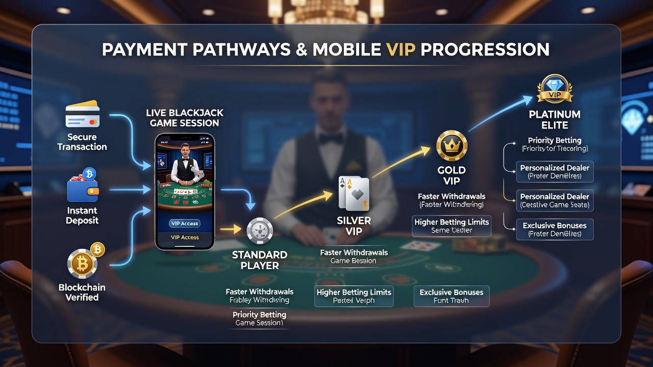 Darstellung der Interaktion zwischen Zahlungsflüssen und VIP-Progression in Live-Blackjack-Sessions auf mobilen Geräten