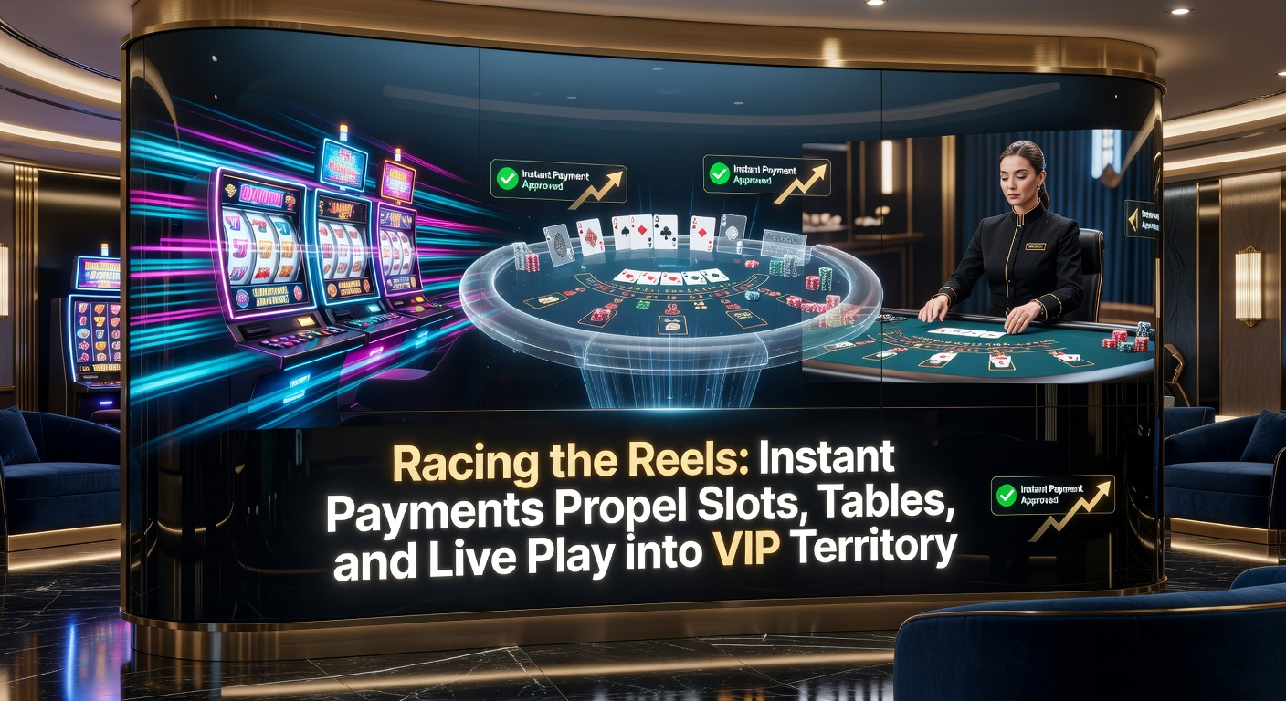 Dynamisches Bild von rotierenden Slot-Walzen mit blitzschnellen Zahlungssymbolen und VIP-Symbolen im Hintergrund, das die Geschwindigkeit von Instant Payments in Online-Casinos symbolisiert