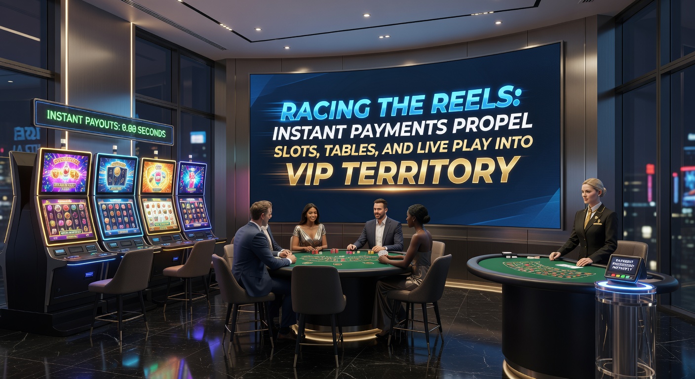 Visuelles von Live-Dealer-Tischen mit Roulette-Rad, Blackjack-Karten und Slot-Symbolen, umgeben von VIP-Elementen wie Kronen und Blitz-Zahlungsinicon, das die Integration von Instant Payments in Premium-Spiele darstellt
