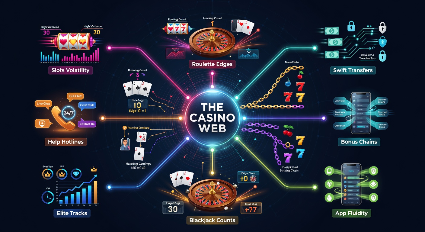 Vernetztes Diagramm, das Slots-Volatilität, Roulette-Vorteile und Blackjack-Strategien mit Bonusketten und App-Features verbindet