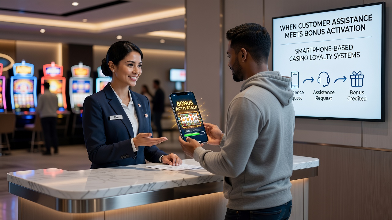 Support-Team und mobile Casino-Benutzeroberfläche mit aktiviertem Bonus